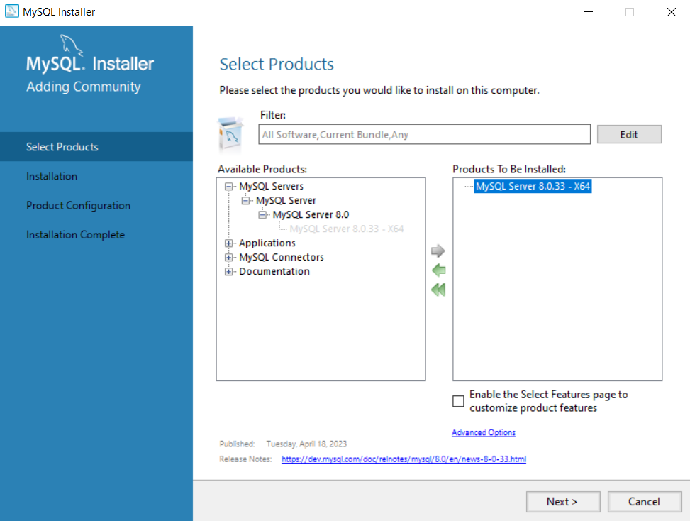 MySQL installation select products to be installed