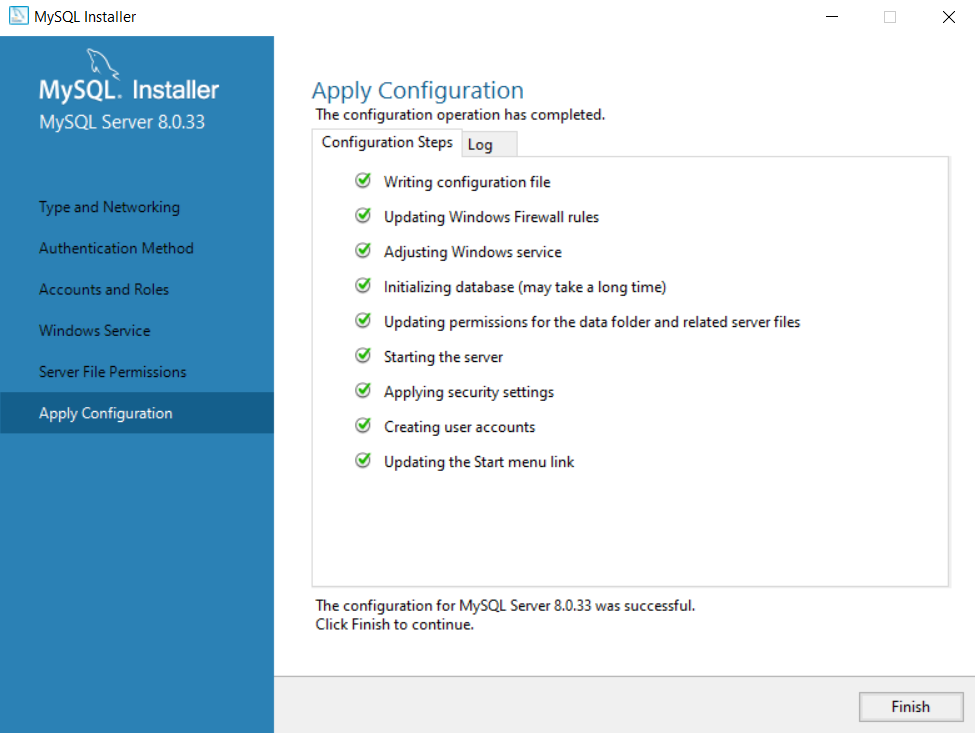 MySQL installer Product Configuration Finish