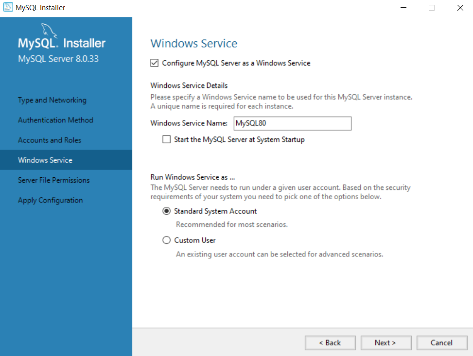 MySQL installer Product Configuration Windows Service