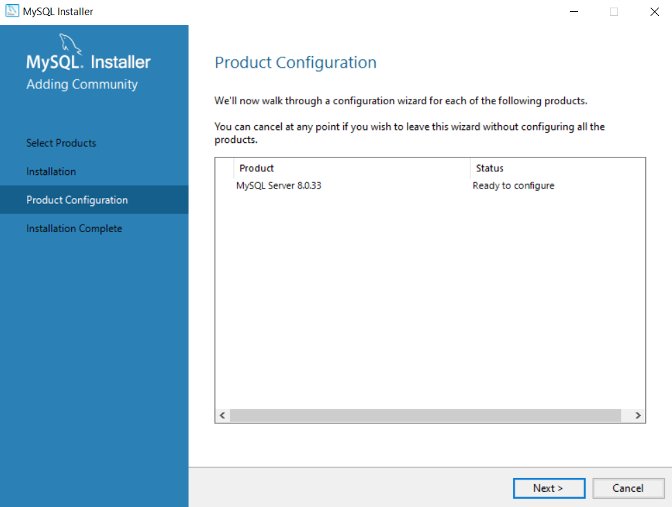 MySQL installer Product Configuration Wizard