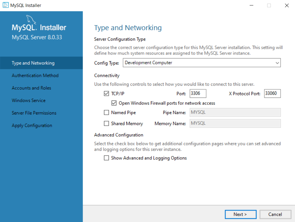 MySQL installer type and networking